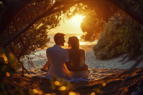 日暮黄昏看落日情侣写真摄影图片